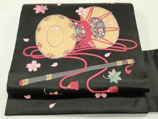 平和屋着物 アンティーク 大正ロマン 九寸名古屋帯 作家物 総刺繍 楽器舞桜文 黒地 金糸 正絹 ob