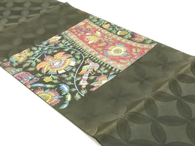 平和屋着物●アンティーク 大正ロマン 九寸開き名古屋帯 鳳凰更紗花唐草文 金彩 正絹 ob
