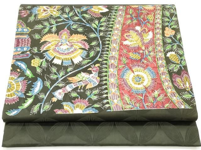 平和屋着物●アンティーク 大正ロマン 九寸開き名古屋帯 鳳凰更紗花唐草文 金彩 正絹 ob