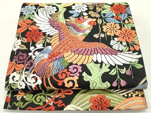 平和屋着物○六通柄袋帯 唐織 鳳凰花唐草文 黒地 金糸 正絹 逸品