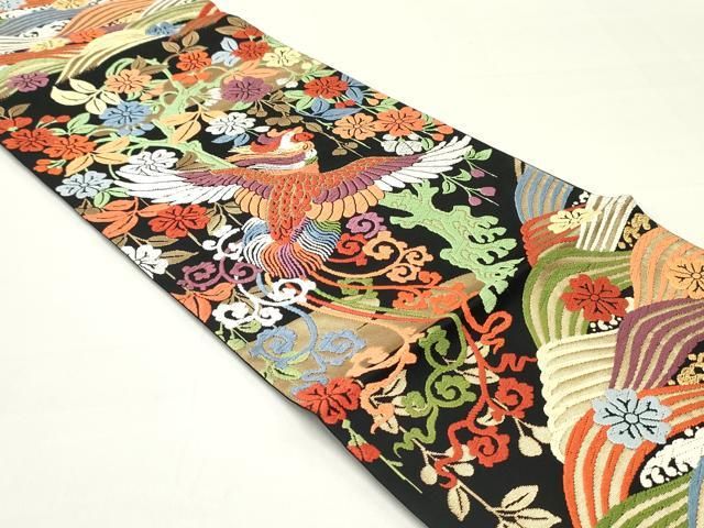 平和屋着物○六通柄袋帯 唐織 鳳凰花唐草文 黒地 金糸 正絹 逸品