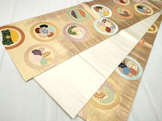 平和屋着物○全通柄袋帯 唐織 草花丸文 金糸 正絹 逸品 未使用
