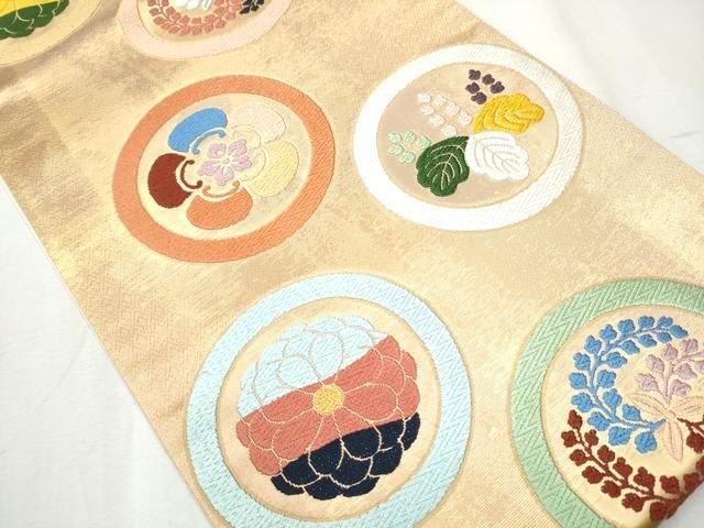 平和屋着物○全通柄袋帯 唐織 草花丸文 金糸 正絹 逸品 未使用