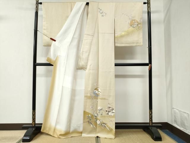 平和屋着物●訪問着 駒刺繍 雪輪飛鶴枝梅花文 金彩 正絹 yc