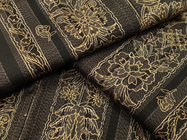 平和屋着物●上質な紬　更紗花唐草文　黒地　金彩　正絹　逸品　CABA9665gh 平和屋着物○上質な紬 更紗花唐草文 黒地 金彩 正絹 逸品 CABA9665gh