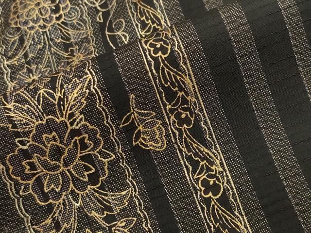  平和屋着物 上質な紬 更紗花唐草文 黒地 金彩 正絹 gh 紬 着物