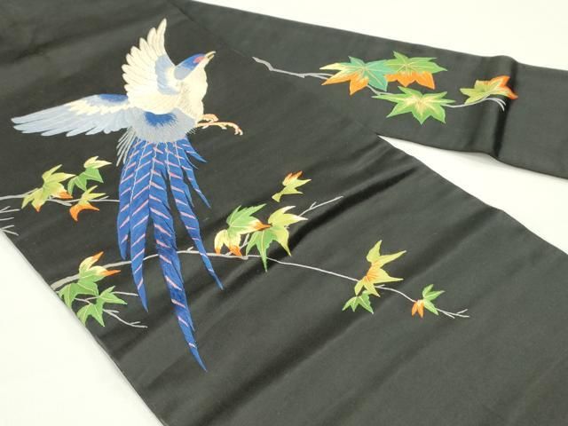 平和屋着物●アンティーク 大正ロマン 九寸名古屋帯 作家物 総刺繍 尾長鳥 黒地 金糸 正絹 ob