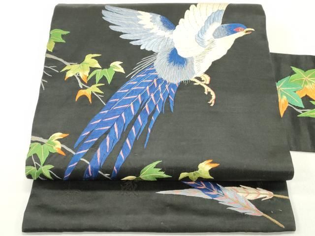 平和屋着物●アンティーク 大正ロマン 九寸名古屋帯 作家物 総刺繍 尾長鳥 黒地 金糸 正絹 ob