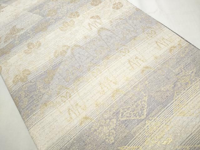 平和屋着物○両方向 両面 全通全景柄袋帯 撚り金紬織 名物裂横段文