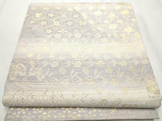 平和屋着物○両方向 両面 全通全景柄袋帯 撚り金紬織 名物裂横段文