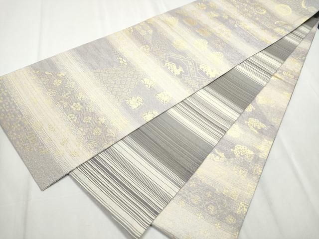 平和屋着物○両方向 両面 全通全景柄袋帯 撚り金紬織 名物裂横段文