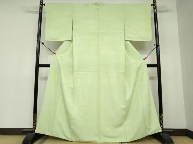 平和屋着物●上質な色無地 寿光織 樹林地紋 若葉色 反端付き 正絹 ♥ ud