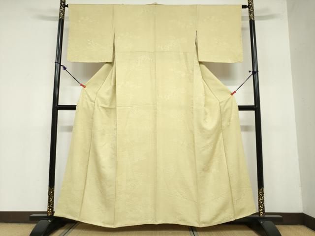 平和屋着物●上質な色無地 エ霞風景地紋 青朽葉色 反端付き 正絹 ud