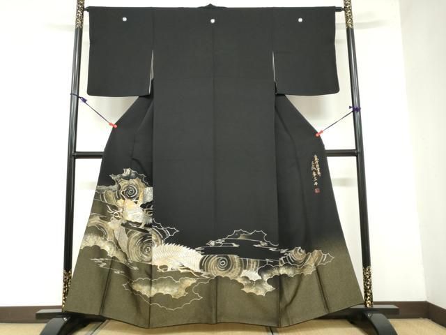 平和屋着物 伝統金彩工芸師 三蔵章三 黒留袖 刺繍 寿光織 雲霞文 龍 金銀彩 正絹 ud