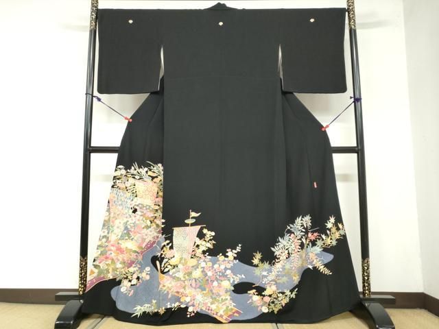 平和屋着物●本加賀友禅作家　押田正義　黒留袖　流水草花船文　正絹　逸品　DAAZ7580ud 平和屋着物○本加賀友禅作家 押田正義 黒留袖 流水草花船文 正絹 逸品