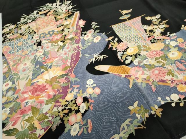 平和屋着物○本加賀友禅作家 押田正義 黒留袖 流水草花船文 正絹 逸品