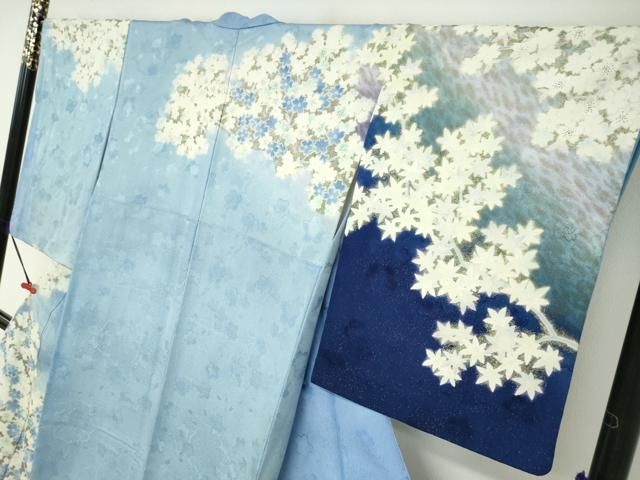 平和屋着物●訪問着　枝桜文　暈し染め　金彩　銀通し地　正絹　逸品　DAAZ7581ud 平和屋着物○訪問着 枝桜文 暈し染め 金彩 銀通し地 正絹 逸品