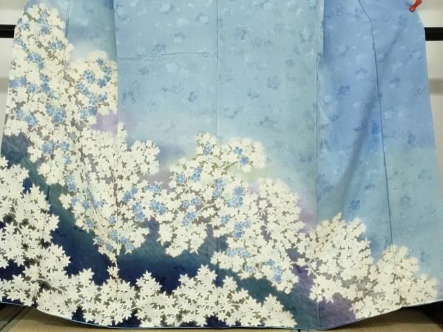 平和屋着物●訪問着　枝桜文　暈し染め　金彩　銀通し地　正絹　逸品　DAAZ7581ud 平和屋着物○訪問着 枝桜文 暈し染め 金彩 銀通し地 正絹 逸品