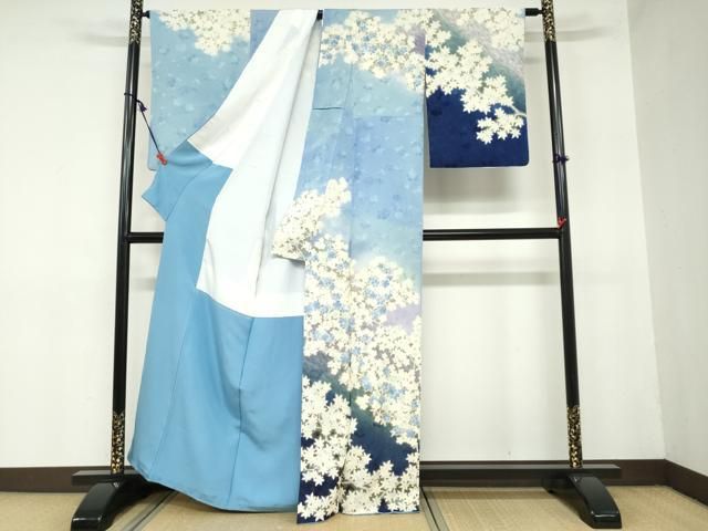 平和屋着物●訪問着 枝桜文 暈し染め 金彩 銀通し地 正絹 ud