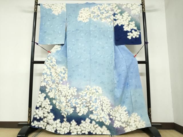 平和屋着物○訪問着 枝桜文 暈し染め 金彩 銀通し地 正絹 逸品