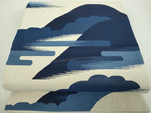 平和屋着物○爪掻き本綴れ 六通柄袋帯 本藍 霞遠山文 金糸 正絹 逸品