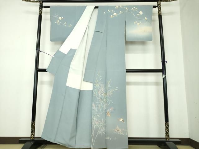 平和屋着物 訪問着 友禅 作家物 雀 枝花文 筍 正絹 ps