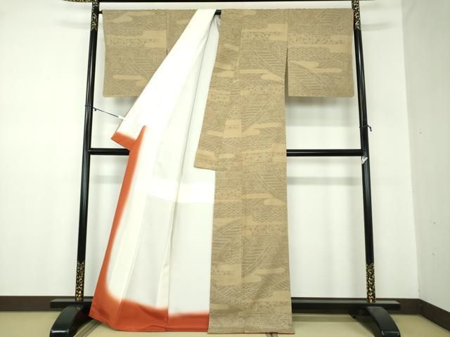 平和屋着物●上質な紬 160亀甲 渡橋風景 正絹 ps