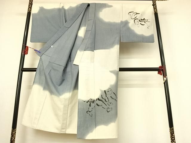 平和屋着物 京の名門 友禅 染の北川 男性 結城紬 単衣 人物文 はたおり娘 暈し染め 証紙付き キングサイズ 正絹 jh