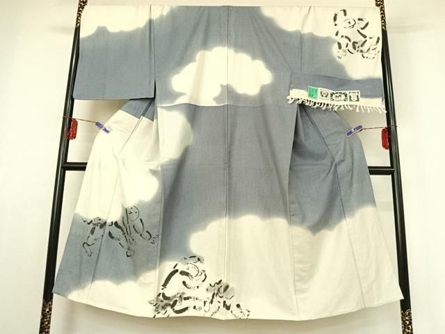 平和屋着物 京の名門 友禅 染の北川 男性 結城紬 単衣 人物文 はたおり娘 暈し染め 証紙付き キングサイズ 正絹 jh