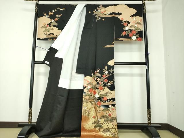 平和屋着物●訪問着 駒刺繍 雲取り籬花文 黒地 暈し染め 金彩 やまと誂製 正絹 ♥ ps