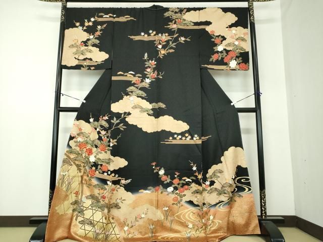 平和屋着物 訪問着 駒刺繍 雲取り籬花文 黒地 暈し染め 金彩 やまと誂製 正絹 ps