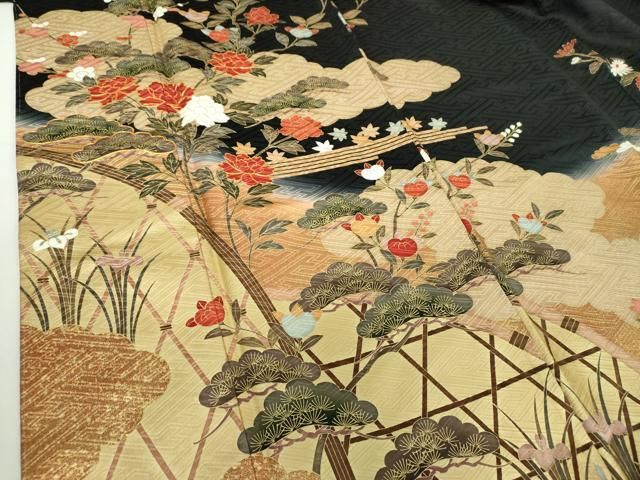  平和屋着物 訪問着 駒刺繍 雲取り籬花文 黒地 暈し染め 金彩 やまと誂製 正絹 ps 訪問着 付け下げ 着物