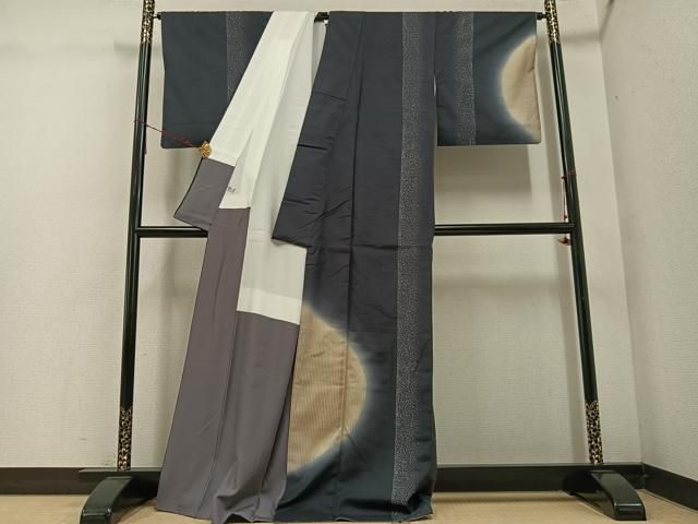 平和屋着物 訪問着 紬地 半円に縞 暈し染め ロング丈 正絹 ph