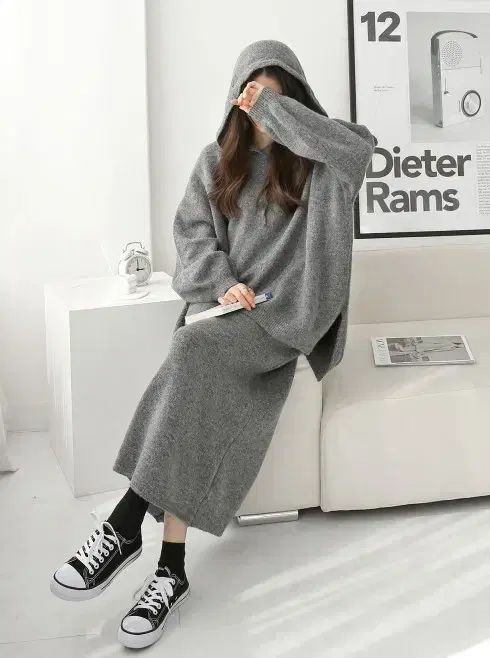 ニットフー ド ロング丈スカート セット 3 COLOR オーバーサイズ