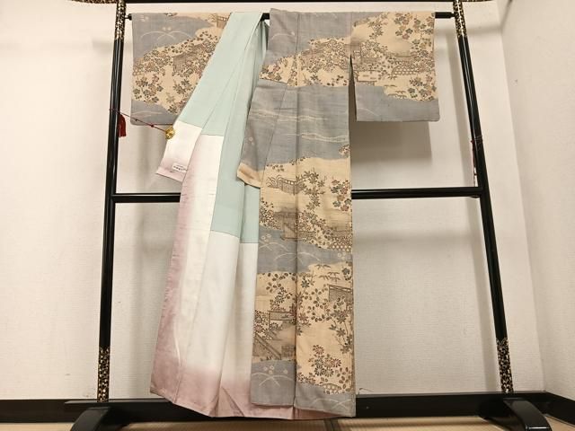 平和屋着物●染織の名門 しょうざん 生紬 訪問着 風景草花文 やまと誂製 正絹 ph