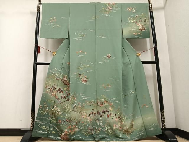平和屋着物●蘇州刺繍 訪問着 人物風景草花文 暈し染め 金糸 正絹 ph