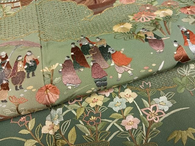  平和屋着物 蘇州刺繍 訪問着 人物風景草花文 暈し染め 金糸 正絹 ph 訪問着 付け下げ 着物