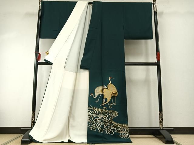平和屋着物 訪問着 駒刺繍 鶴 金彩 ロング丈 正絹 fy