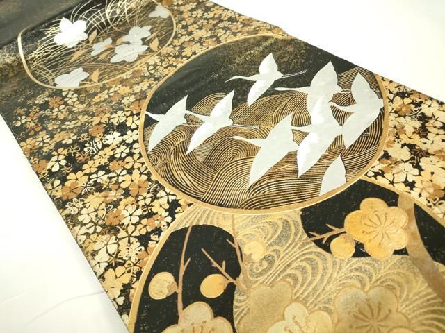 平和屋着物▽六通柄袋帯 飛鳥花文 金銀彩 引箔 正絹 逸品 DAAY9574az