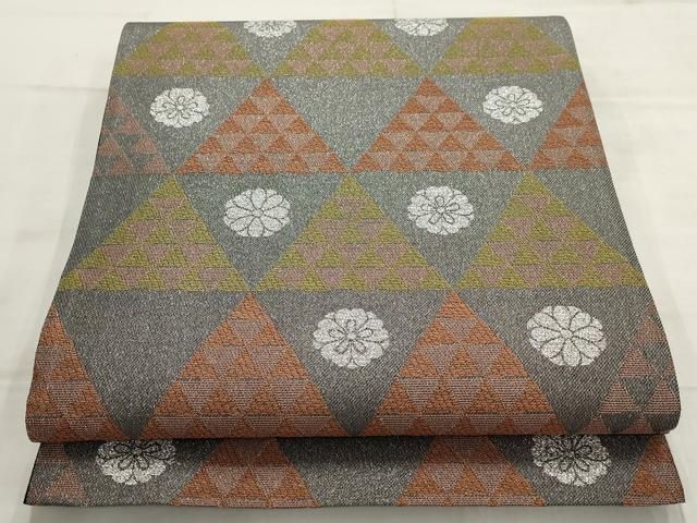 平和屋着物▽六通柄袋帯 幾何学花文 鱗花文 銀糸 正絹 逸品 AABD3148wj