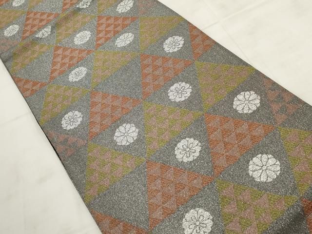 平和屋着物▽六通柄袋帯 幾何学花文 鱗花文 銀糸 正絹 逸品 AABD3148wj