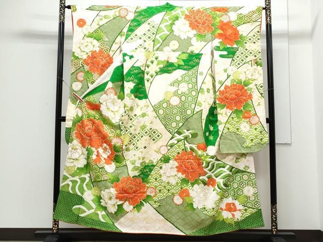 平和屋着物○豪華振袖 手描き 片身替わり 草花霞文 暈し染め