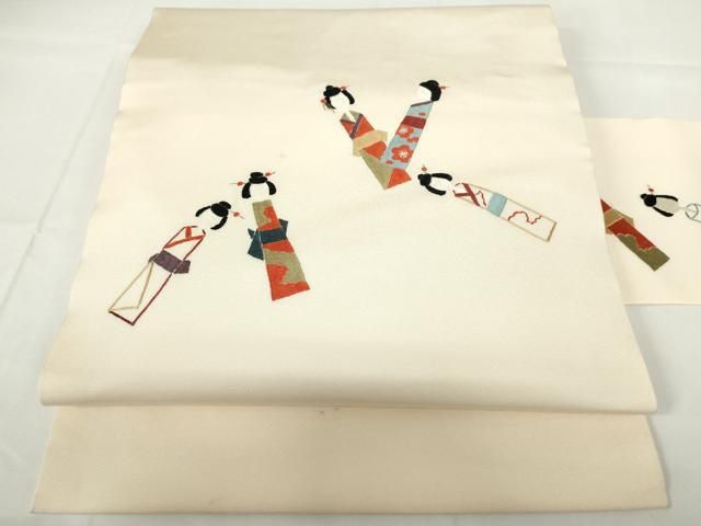 平和屋着物◎塩瀬 九寸名古屋帯 総手刺繍 日本人形 正絹 逸品