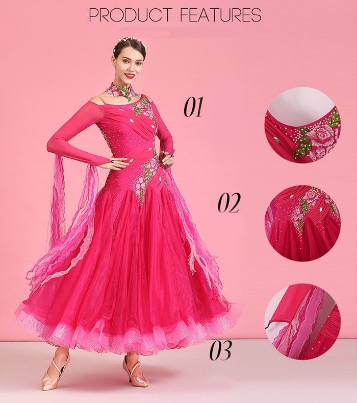 社交ダンス ドレス 社交ダンス衣装 ワンピース 長袖 広がる裾 花柄 豪 レッスン着 発表会 競技着 練習着 演出用 ワルツ ロング丈 オールシーズン ローズ