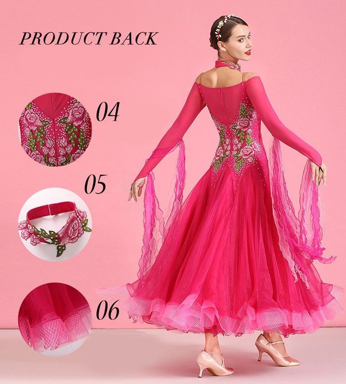  社交ダンス ドレス 社交ダンス衣装 ワンピース 長袖 広がる裾 花柄 豪 レッスン着 発表会 競技着 練習着 演出用 ワルツ ロング丈 オールシーズン ローズ ドレス ダンス衣装 社交ダンス