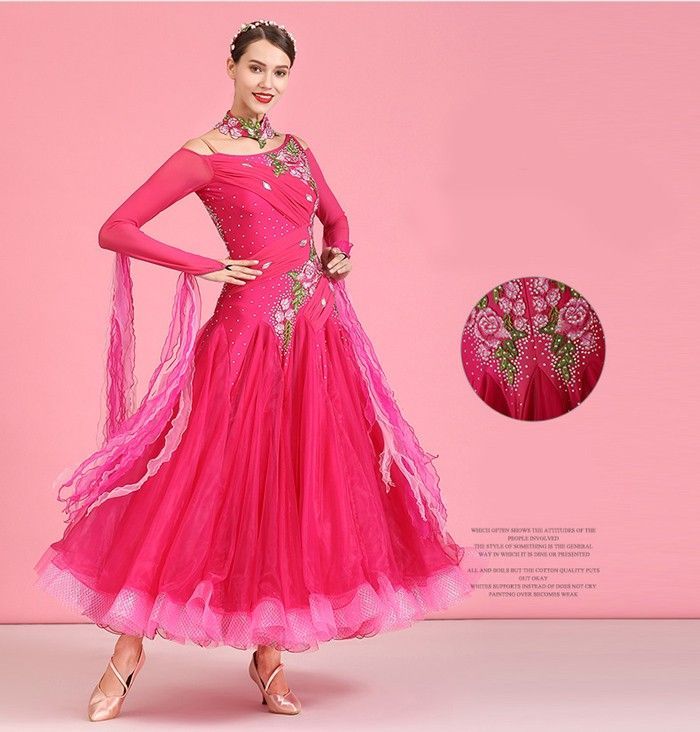 社交ダンス ドレス 社交ダンス衣装 ワンピース 長袖 広がる裾 花柄 豪