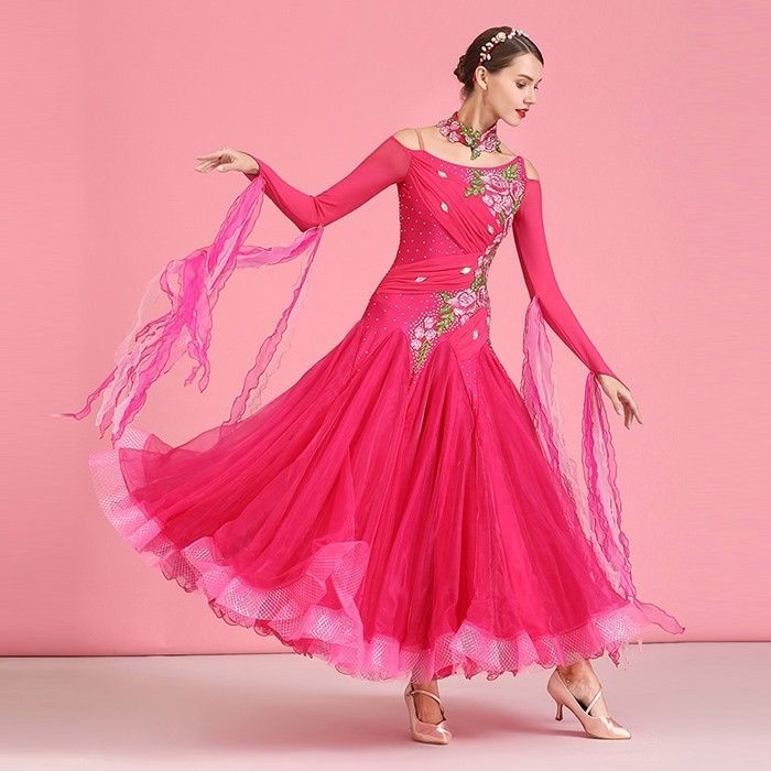 社交ダンス ドレス 社交ダンス衣装 ワンピース 長袖 広がる裾 花柄 豪