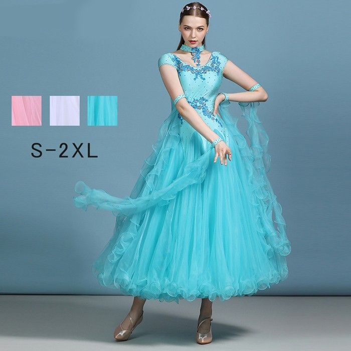 水色 刺繍入り 社交ダンスドレス 長袖 wishplus社交ダンス用水色ドレス 【公式通販】