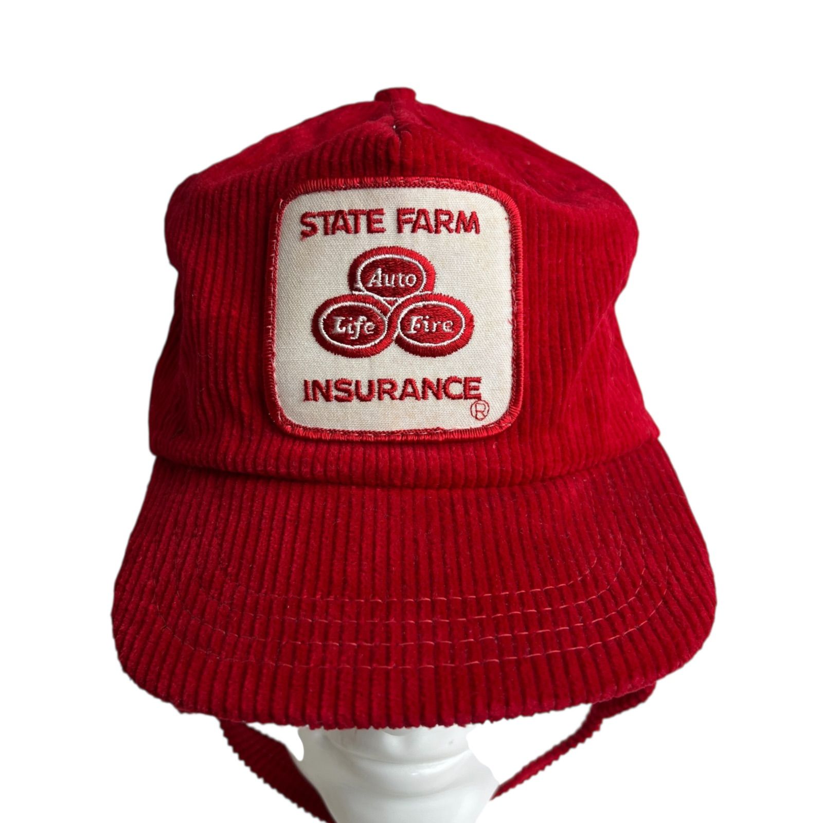キャップ|帽子 アメリカ製 STATE FARM ステイトファーム ビンテージコーデュロイキャップ ワッペン 耳当て付き レッド 赤 ホワイト 白