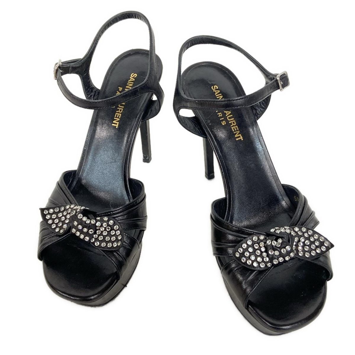 SAINT LAURENT PARIS サンローランパリ サンダル 37 1 2 レディース 黒 リボン ラインストーン レザー